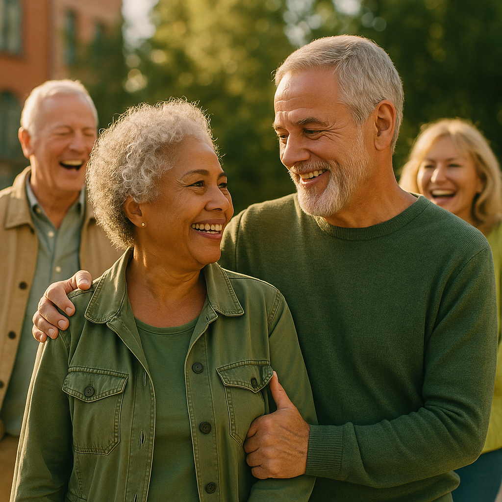 Two retired people laughing together over coffee outdoors