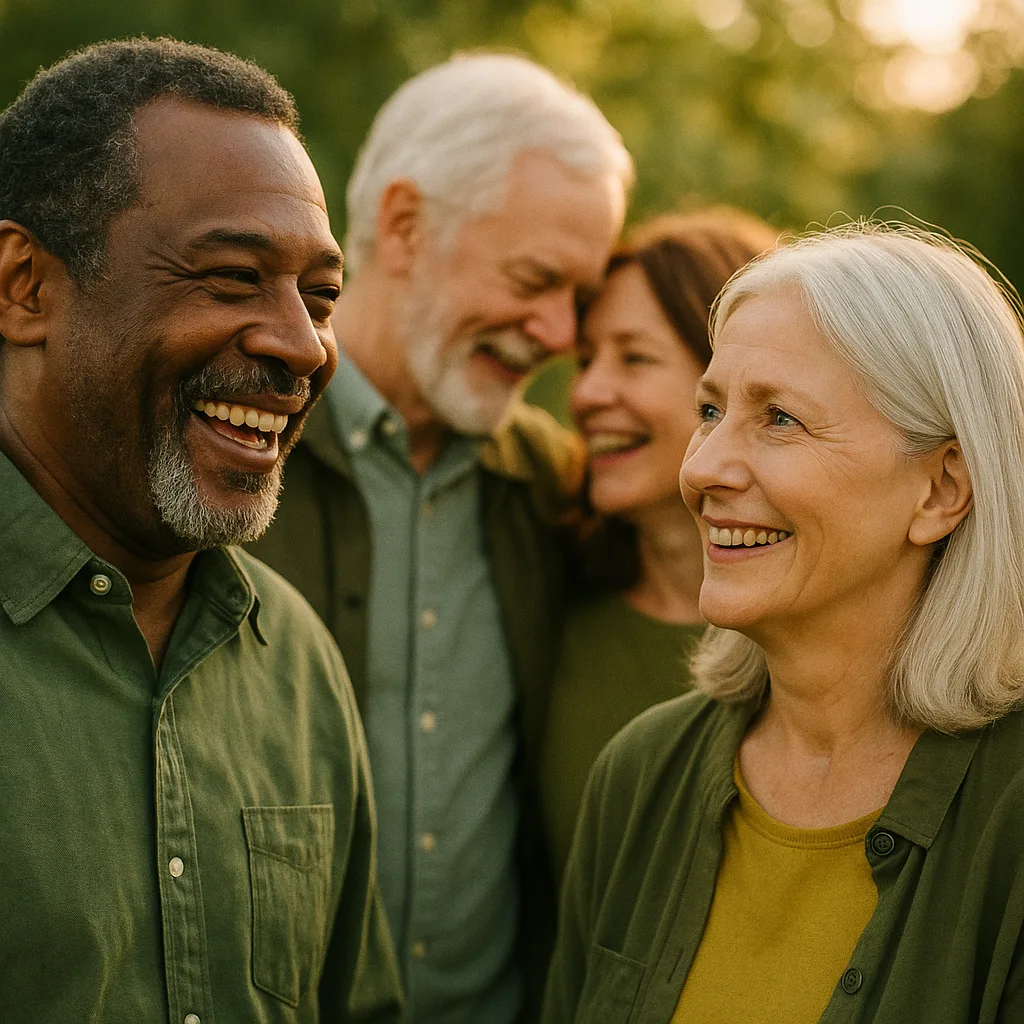Smiling older couple walking arm in arm